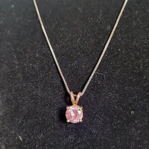 Pink Simulated Diamond Solitaire Gold over Sterling Silver Pendant Necklace